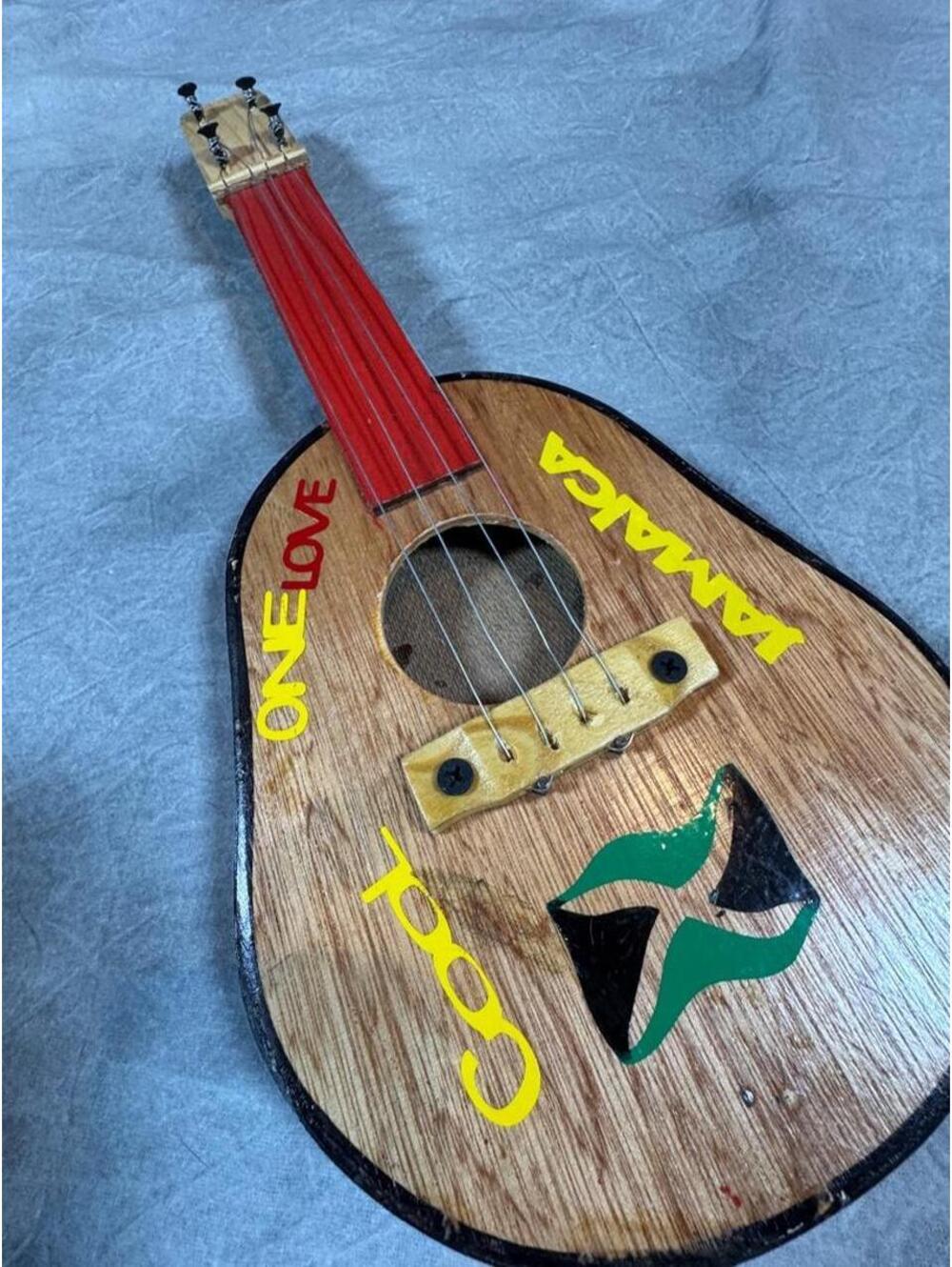 Vintage Jamaican One Love Mini Wooden Guitar Folk Art Reggae Decor